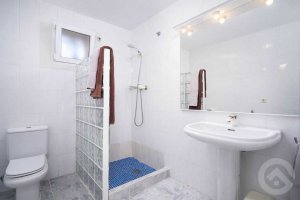 Badezimmer mit begehbarer Dusche, Waschbecken und Toilette