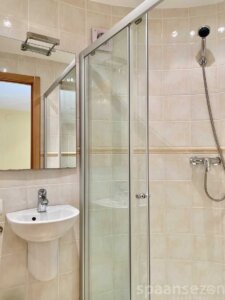 Badezimmer mit Dusche, Waschbecken und Toilette im Haus